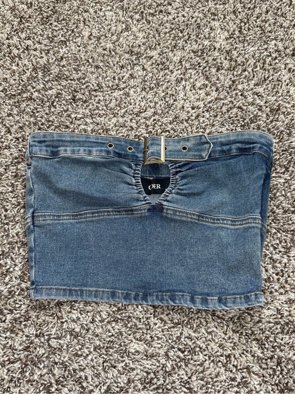 Cider Blue Denim Belted Strapless Crop Top